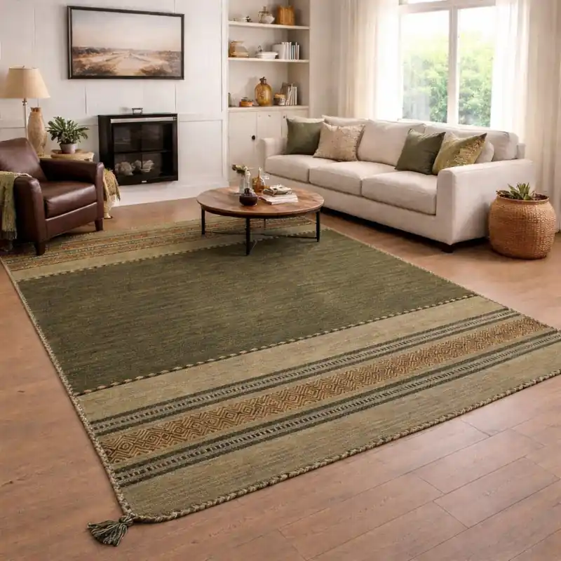 KILIM OLD - Tappeto Artigianale Annodato a mano con frange - Ciniglia & Cotone - Verde