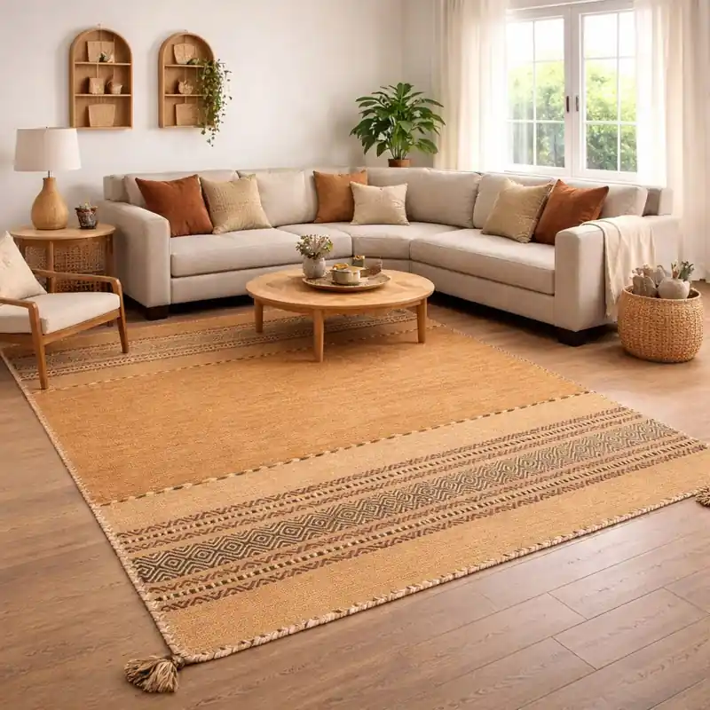 KILIM OLD - Tappeto Artigianale Annodato a mano con frange - Ciniglia & Cotone - Cuoio