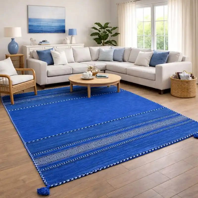 KILIM OLD - Tappeto Artigianale Annodato a mano con frange - Ciniglia & Cotone - BLU