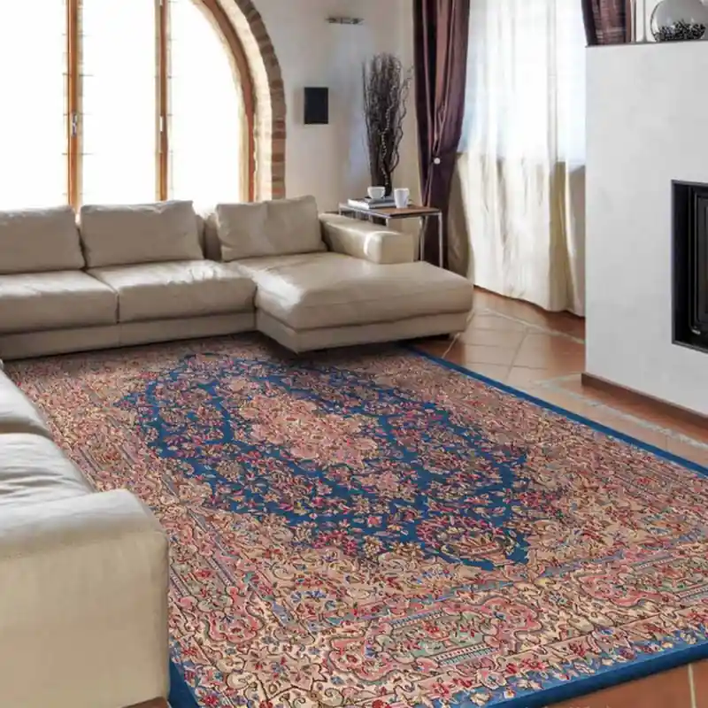 Tappeto Corsia Salotto Camera Lavabile Antiscivolo Classico Stile Persiano Fiori Rosa KIRMAN AZZURRO