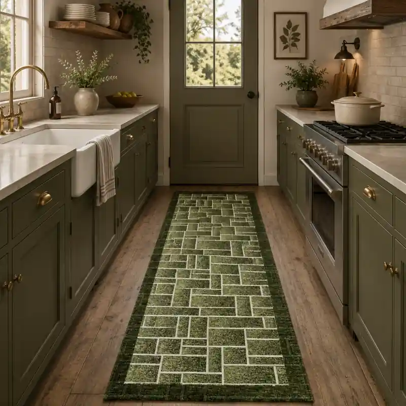 BRICK - Tappeto Passatoia da Cucina - Moderno Geometrico - Lavabile ed Antiscivolo - Ciniglia Jacquard - Verde