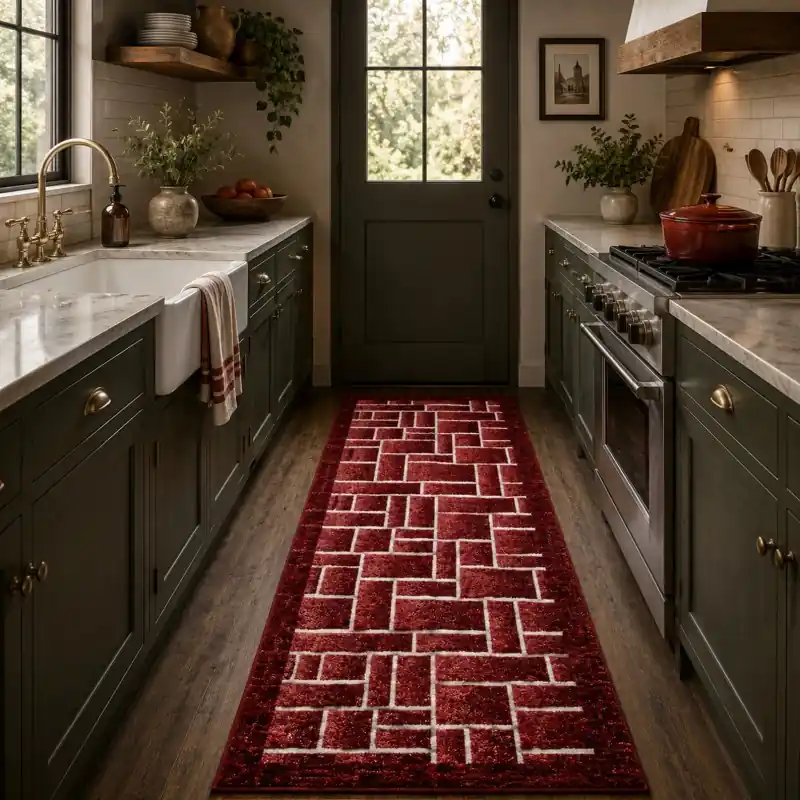 BRICK - Tappeto Passatoia da Cucina - Moderno Geometrico - Lavabile ed Antiscivolo - Ciniglia Jacquard - Rosso