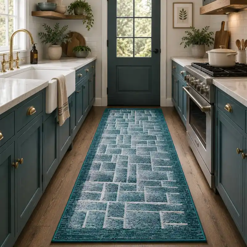 BRICK - Tappeto Passatoia da Cucina - Moderno Geometrico - Lavabile ed Antiscivolo - Ciniglia Jacquard - Jeans