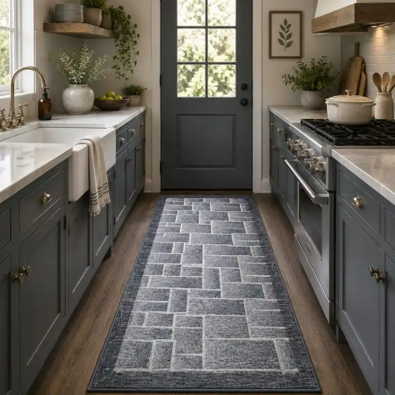 BRICK - Tappeto Passatoia da Cucina - Moderno Geometrico - Lavabile ed Antiscivolo - Ciniglia Jacquard - Grigio