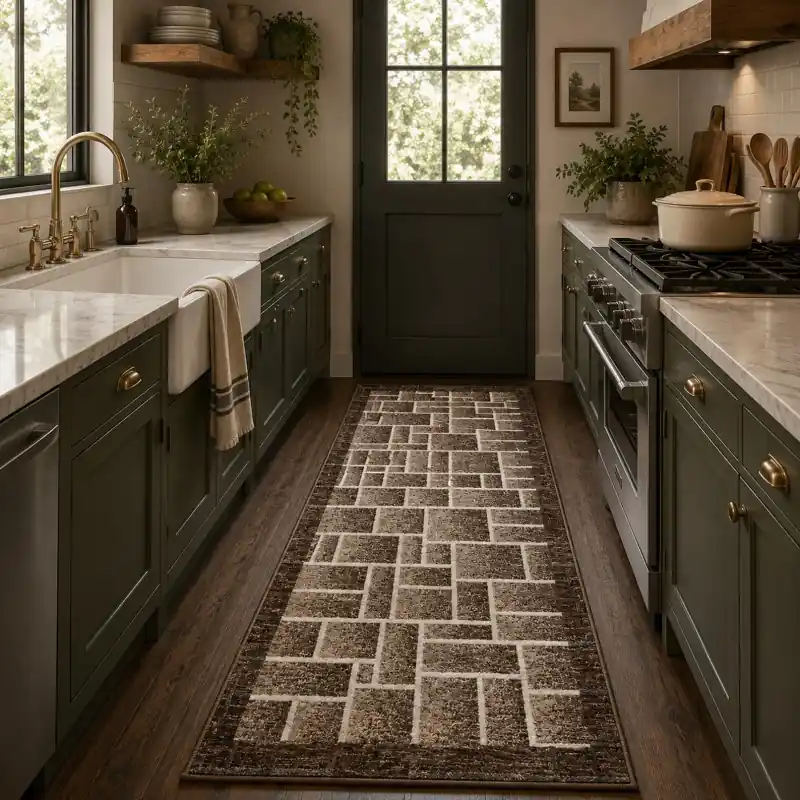 BRICK - Tappeto Passatoia da Cucina - Moderno Geometrico - Lavabile ed Antiscivolo - Ciniglia Jacquard - Fango