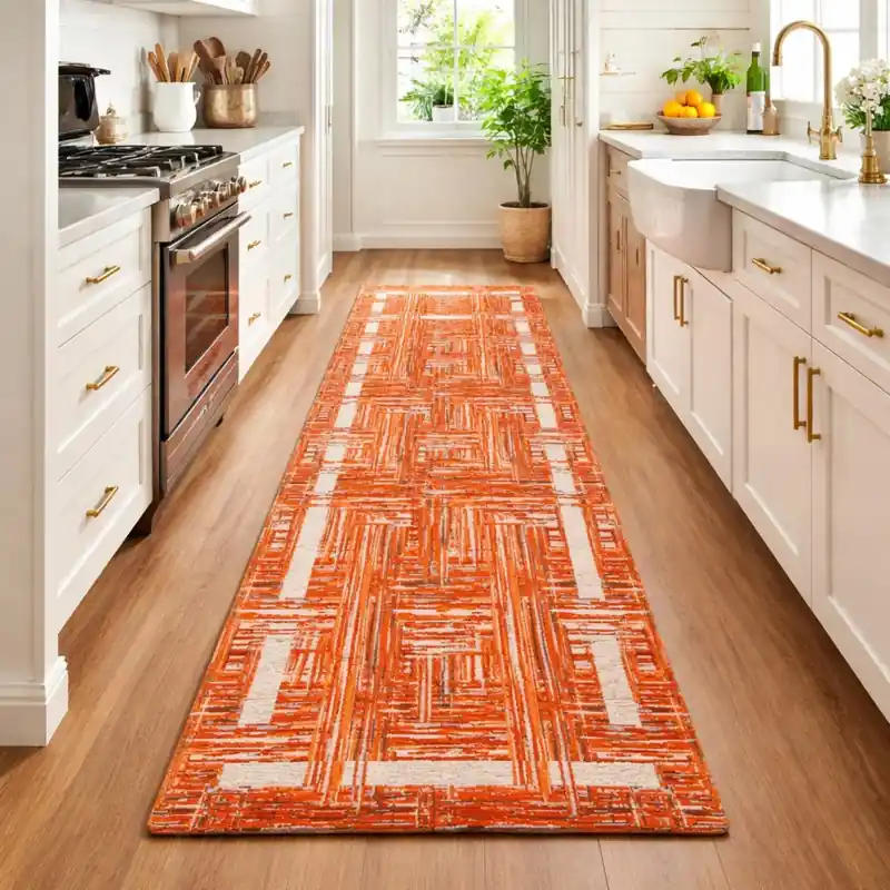 THAILAND - Tappeto Passatoia da Cucina - Moderno Geometrico - Lavabile ed Antiscivolo - Ciniglia Jacquard - Arancio