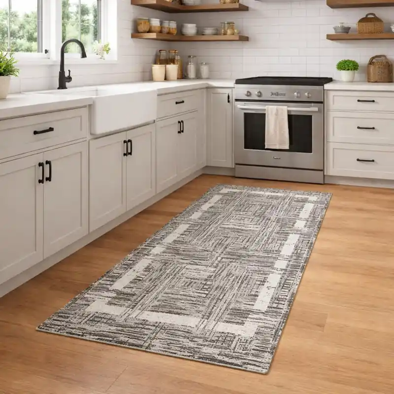 THAILAND - Tappeto Passatoia da Cucina - Moderno Geometrico - Lavabile ed Antiscivolo - Ciniglia Jacquard - Grigio