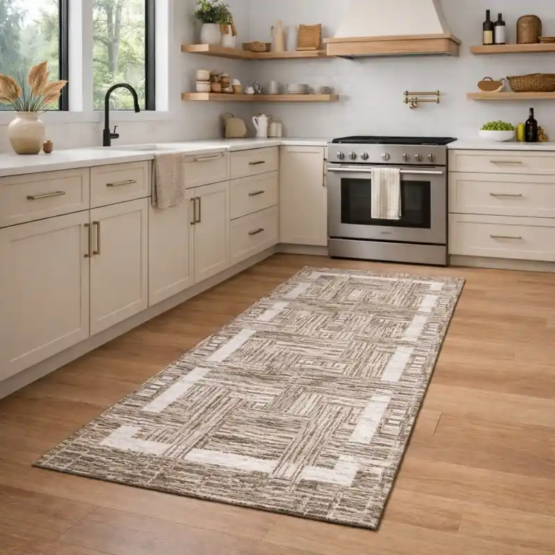 THAILAND - Tappeto Passatoia da Cucina - Moderno Geometrico - Lavabile ed Antiscivolo - Ciniglia Jacquard - Tortora