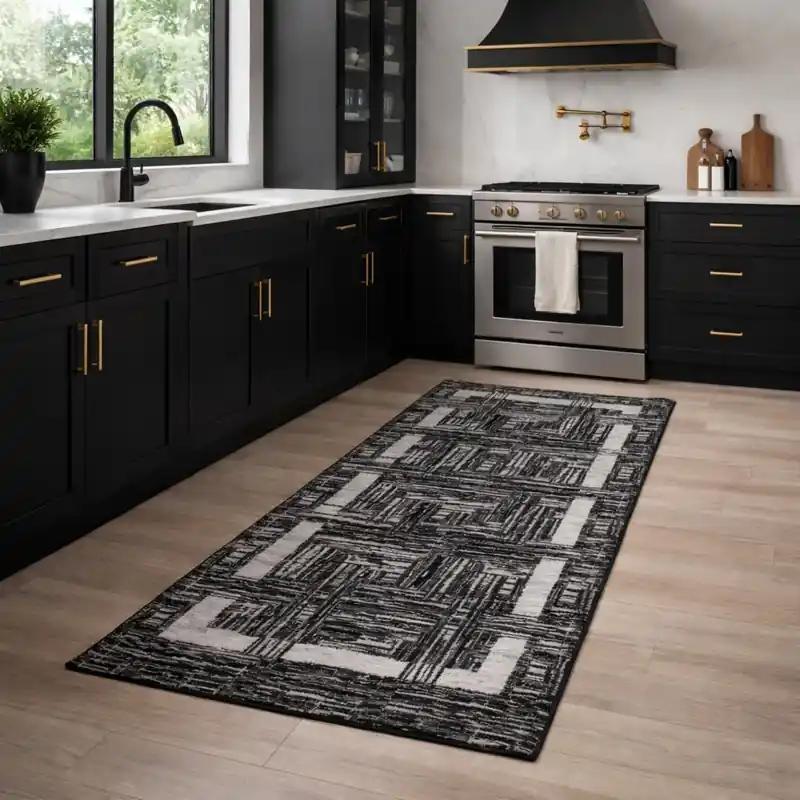 THAILAND - Tappeto Passatoia da Cucina - Moderno Geometrico - Lavabile ed Antiscivolo - Ciniglia Jacquard - Nero