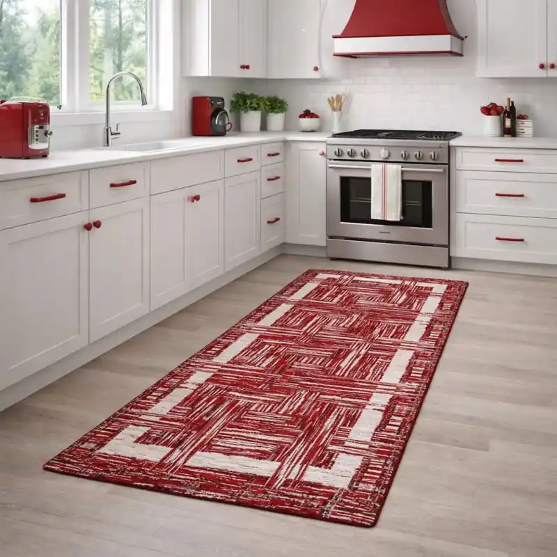 THAILAND - Tappeto Passatoia da Cucina - Moderno Geometrico - Lavabile ed Antiscivolo - Ciniglia Jacquard - Rosso