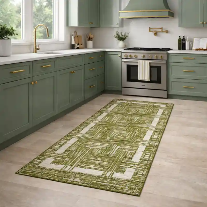THAILAND - Tappeto Passatoia da Cucina - Moderno Geometrico - Lavabile ed Antiscivolo - Ciniglia Jacquard - Verde