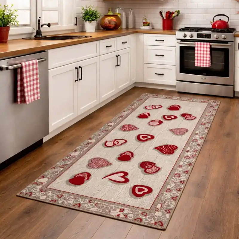 LOVELY - Tappeto Passatoia da Cucina Cuori Shabby - Lavabile Antiscivolo - Lavabile ed Antiscivolo - Ciniglia Jacquard - Rosso