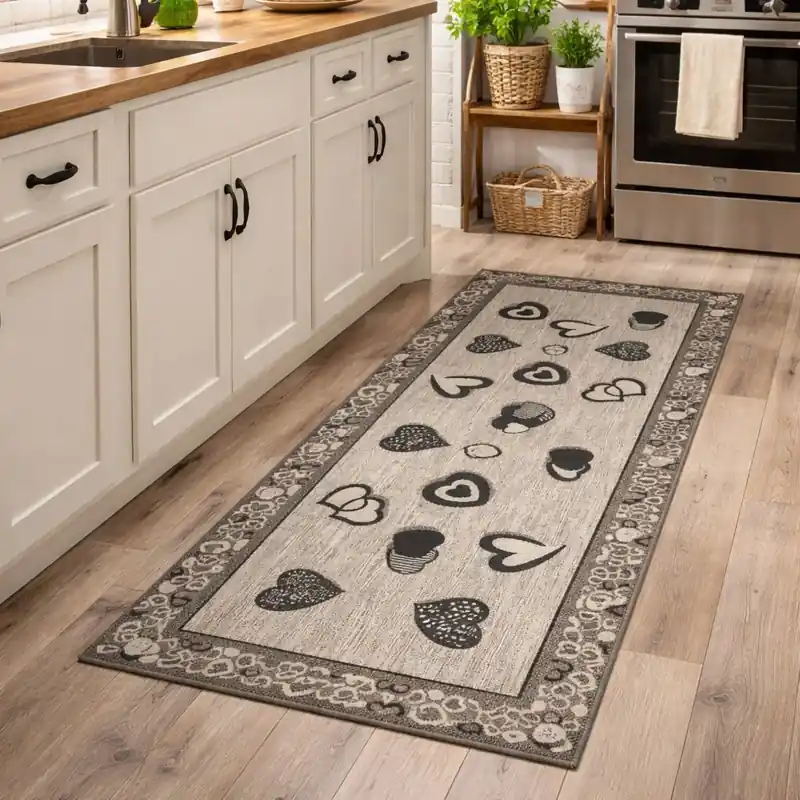 LOVELY - Tappeto Passatoia da Cucina Cuori Shabby - Lavabile Antiscivolo - Lavabile ed Antiscivolo - Ciniglia Jacquard - Ardesia