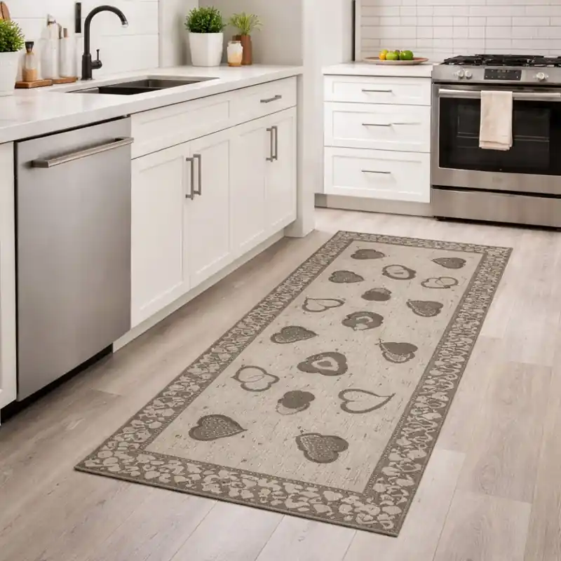 LOVELY - Tappeto Passatoia da Cucina Cuori Shabby - Lavabile Antiscivolo - Lavabile ed Antiscivolo - Ciniglia Jacquard - Tortora