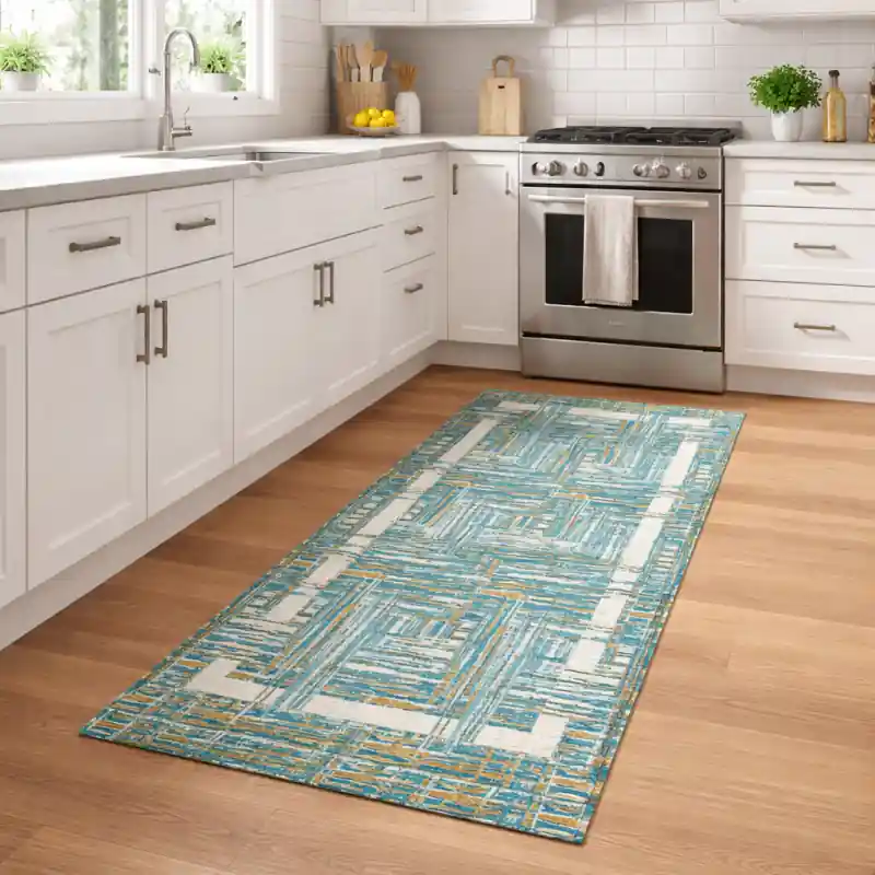 THAILAND - Tappeto Passatoia da Cucina - Moderno Geometrico - Lavabile ed Antiscivolo - Ciniglia Jacquard - Azzurro