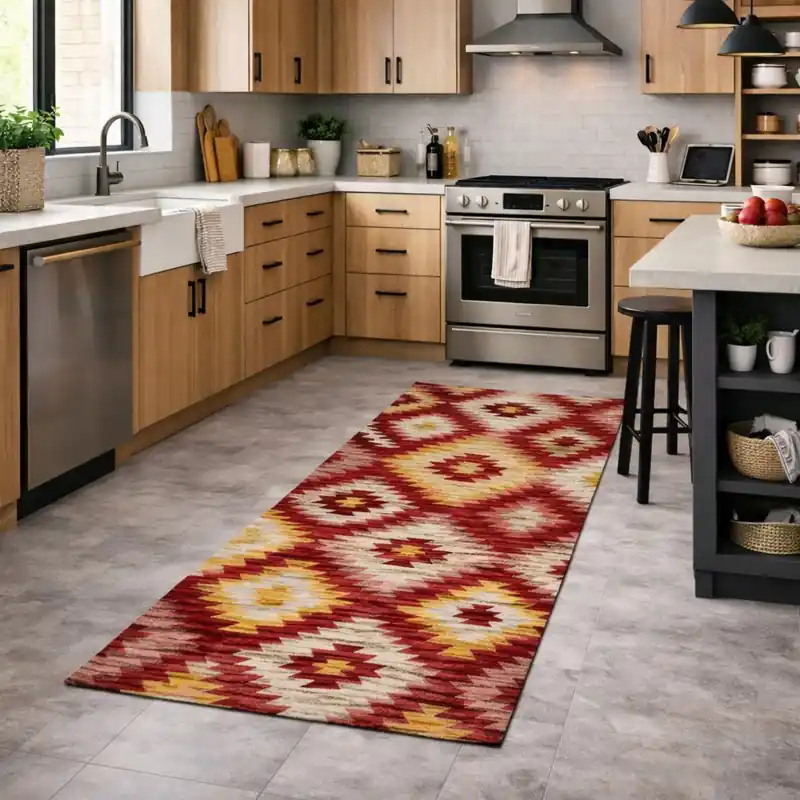 CUBA - Tappeto Passatoia da Cucina - Moderno Geometrico Kilim - Lavabile ed Antiscivolo - Ciniglia Jacquard - Arancio