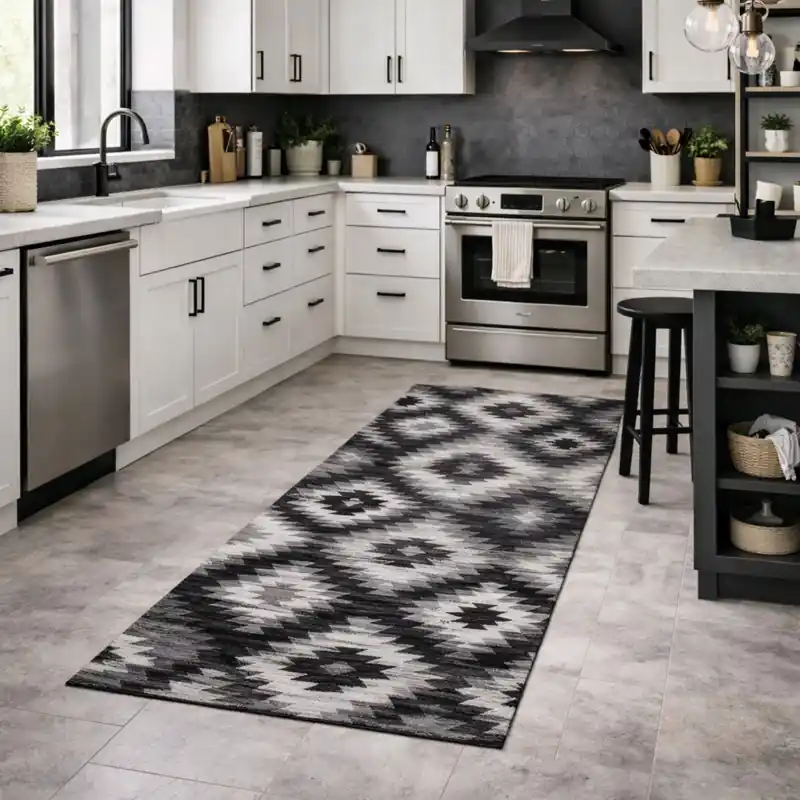 CUBA - Tappeto Passatoia da Cucina - Moderno Geometrico Kilim - Lavabile ed Antiscivolo - Ciniglia Jacquard - Nero
