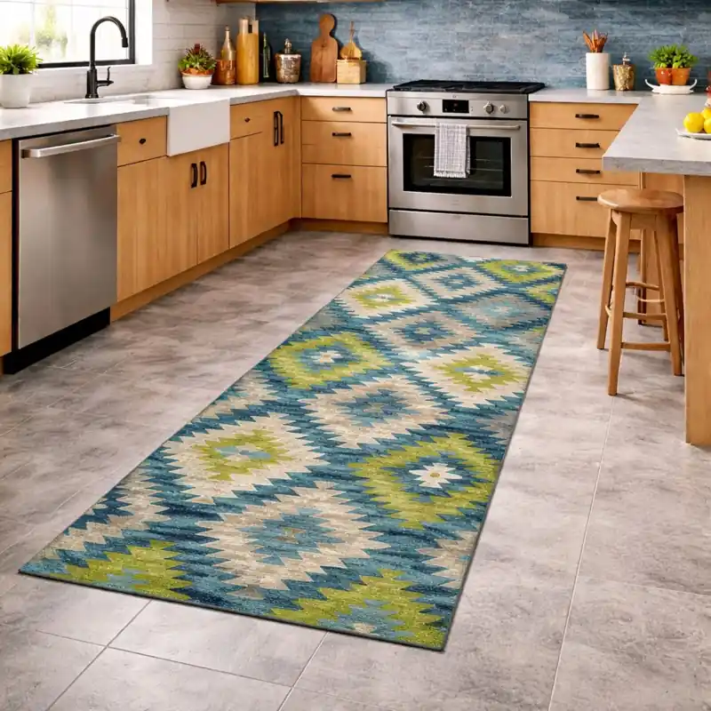 CUBA - Tappeto Passatoia da Cucina - Moderno Geometrico Kilim - Lavabile ed Antiscivolo - Ciniglia Jacquard - Blu Verde