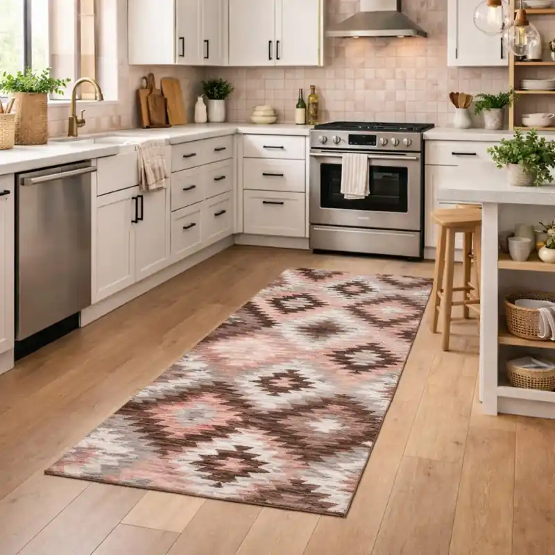 CUBA - Tappeto Passatoia da Cucina - Moderno Geometrico Kilim - Lavabile ed Antiscivolo - Ciniglia Jacquard - Rosa