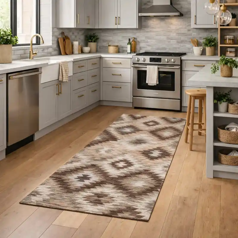 CUBA - Tappeto Passatoia da Cucina - Moderno Geometrico Kilim - Lavabile ed Antiscivolo - Ciniglia Jacquard - Tortora