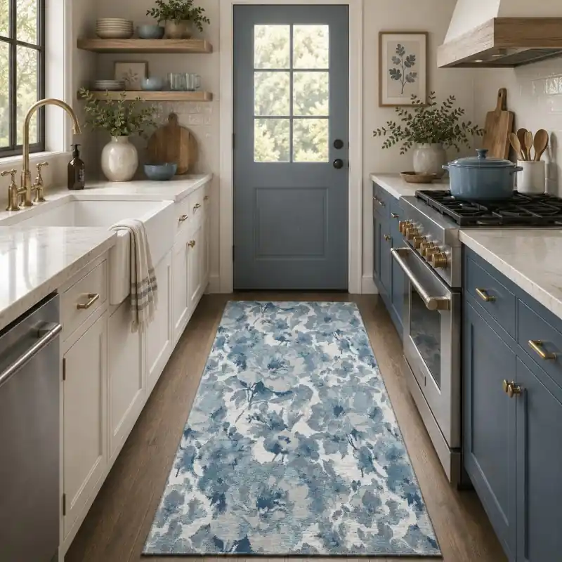 BOTANIC - Tappeto Passatoia Cucina Classico Floreale - Lavabile ed Antiscivolo - Ciniglia Jacquard - Azzurro