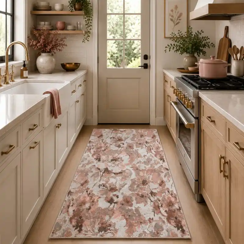 BOTANIC -Tappeto Passatoia Cucina Classico Floreale - Lavabile ed Antiscivolo - Ciniglia Jacquard - Cipria