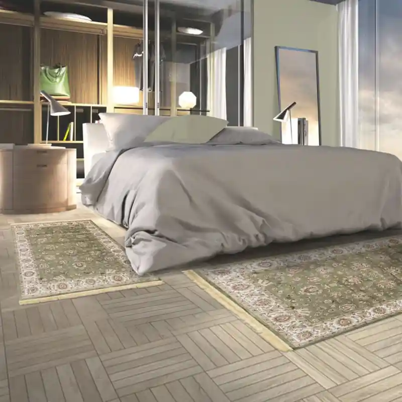 ZAFFIRO - Tappeto Classico Parure Scendiletto Persiano Elegante Effetto Seta - 492 Verde