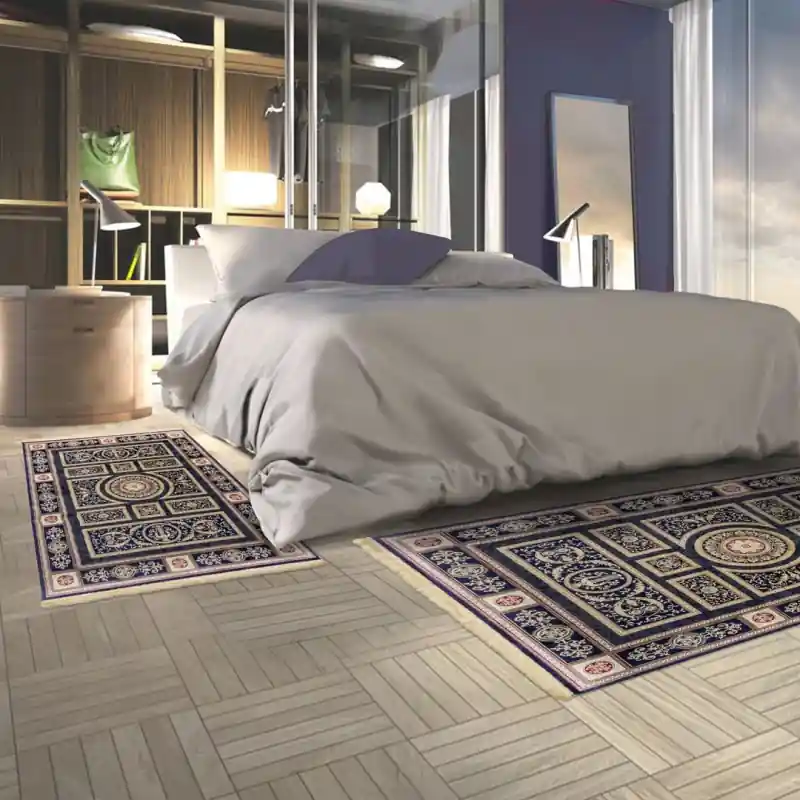 ZAFFIRO - Tappeto Classico Parure Scendiletto Persiano Elegante Effetto Seta - 350 Blu