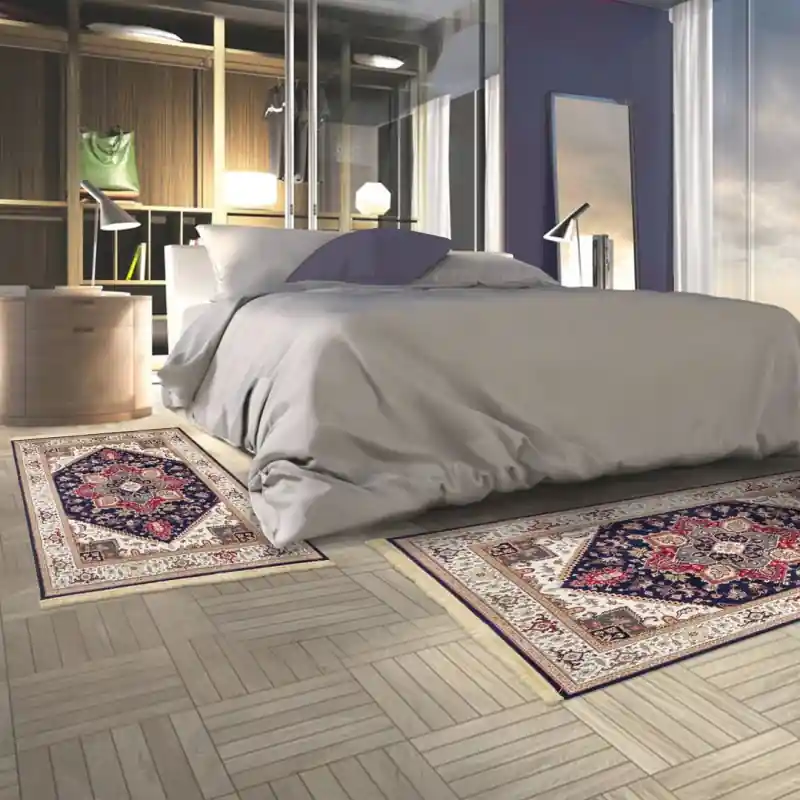 ZAFFIRO - Tappeto Classico Parure Scendiletto Persiano Elegante Effetto Seta - 304 Blu