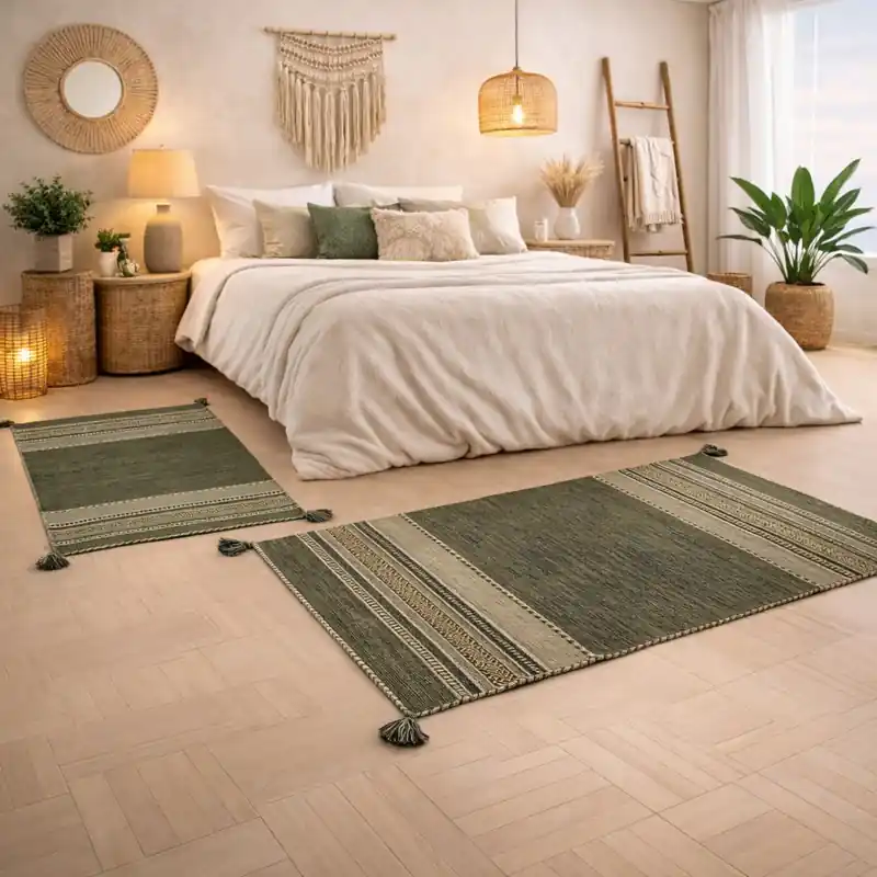 KILIM OLD - Tappeto Parure Scendiletto Artigianale Annodato a mano con frange - Ciniglia & Cotone - Verde