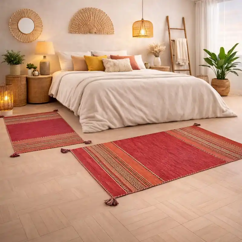 KILIM OLD - Tappeto Parure Scendiletto Artigianale Annodato a mano con frange - Ciniglia & Cotone - Rosso