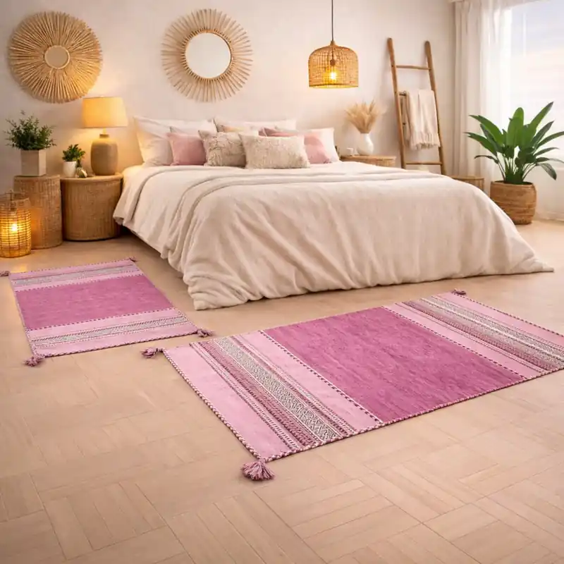 KILIM OLD - Tappeto Parure Scendiletto Artigianale Annodato a mano con frange - Ciniglia & Cotone - Rosa