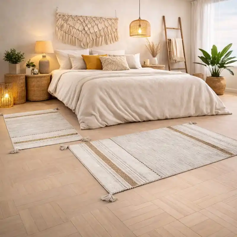 KILIM OLD - Tappeto Parure Scendiletto Artigianale Annodato a mano con frange - Ciniglia & Cotone - Ocra