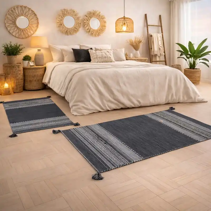 KILIM OLD - Tappeto Parure Scendiletto Artigianale Annodato a mano con frange - Ciniglia & Cotone - Grigio