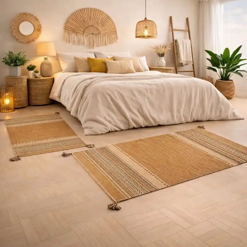 KILIM OLD - Tappeto Parure Scendiletto Artigianale Annodato a mano con frange - Ciniglia & Cotone - Cuoio