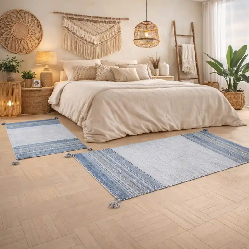 KILIM OLD - Tappeto Parure Scendiletto Artigianale Annodato a mano con frange - Ciniglia & Cotone - Azzurro