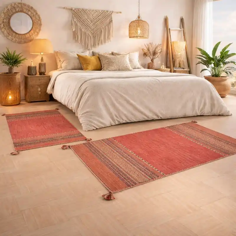KILIM OLD - Tappeto Parure Scendiletto Artigianale Annodato a mano con frange - Ciniglia & Cotone - Arancio
