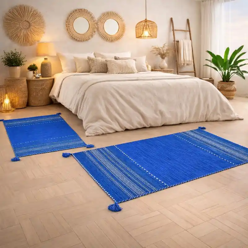 KILIM OLD - Tappeto Parure Scendiletto Artigianale Annodato a mano con frange - Ciniglia & Cotone - Blu