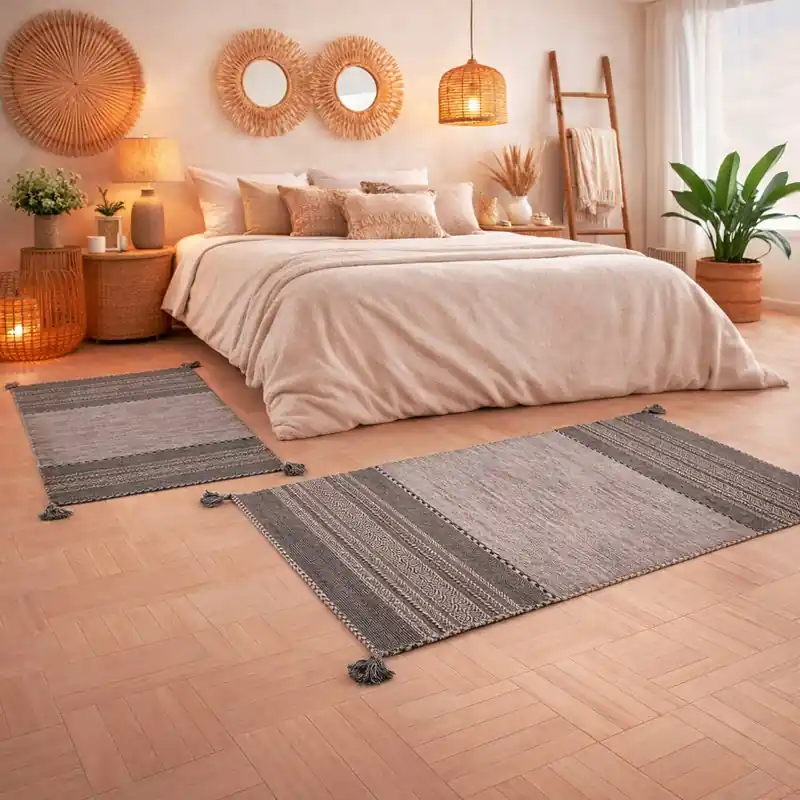 KILIM OLD - Tappeto Parure Scendiletto Artigianale Annodato a mano con frange - Ciniglia & Cotone - Beige