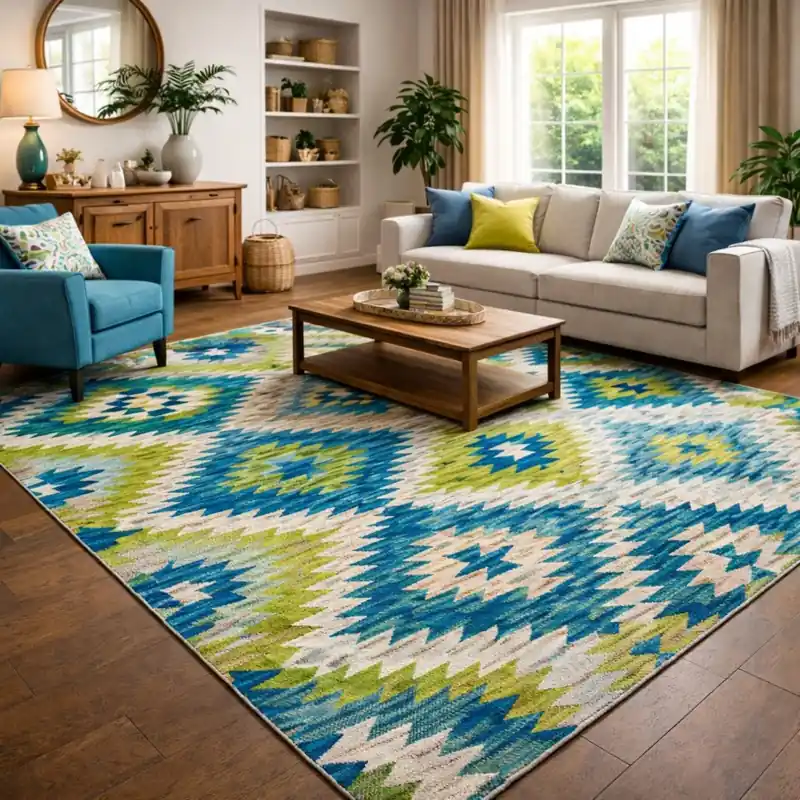 CUBA - Tappeto Moderno Geometrico Kilim - Lavabile ed Antiscivolo - Ciniglia Jacquard - Blu Verde