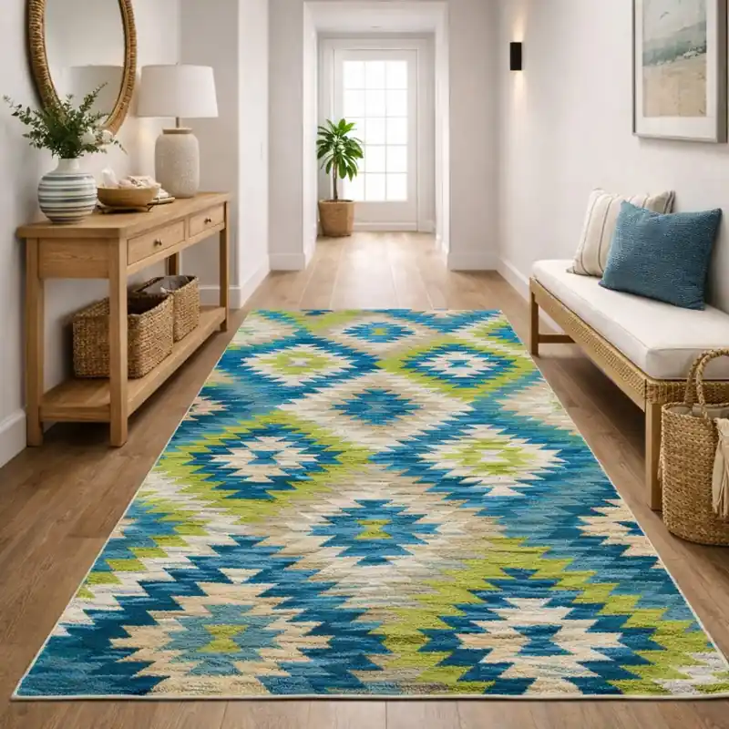 CUBA - Tappeto Passatoia Corsia Moderno Geometrico Kilim - Lavabile ed Antiscivolo - Ciniglia Jacquard - Blu Verde