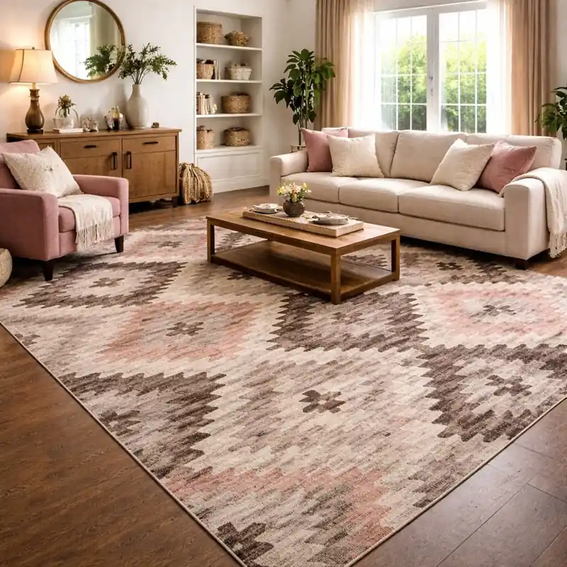 CUBA - Tappeto Moderno Geometrico Kilim - Lavabile ed Antiscivolo - Ciniglia Jacquard - Rosa