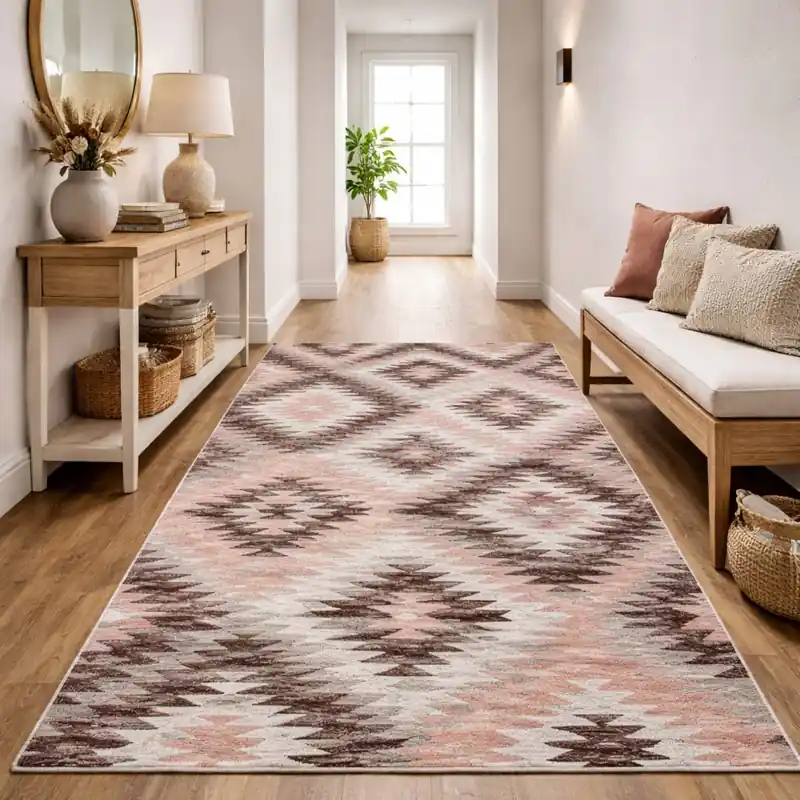 CUBA - Tappeto Passatoia Corsia Moderno Geometrico Kilim - Lavabile ed Antiscivolo - Ciniglia Jacquard - Rosa