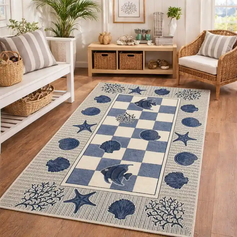 MARINE - Tappeto Salotto Passatoia Moderno Ciniglia Jacquard Scacchiera Conchiglie - Lavabile ed Antiscivolo - Blu