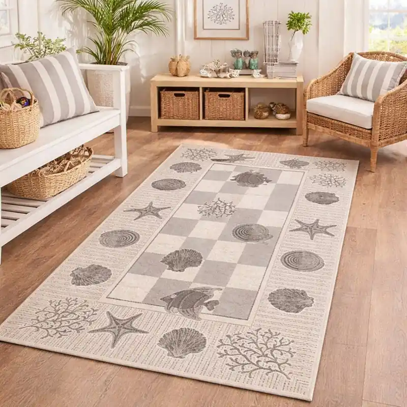 MARINE - Tappeto Salotto Passatoia Moderno Ciniglia Jacquard Scacchiera Conchiglie - Lavabile ed Antiscivolo - Beige
