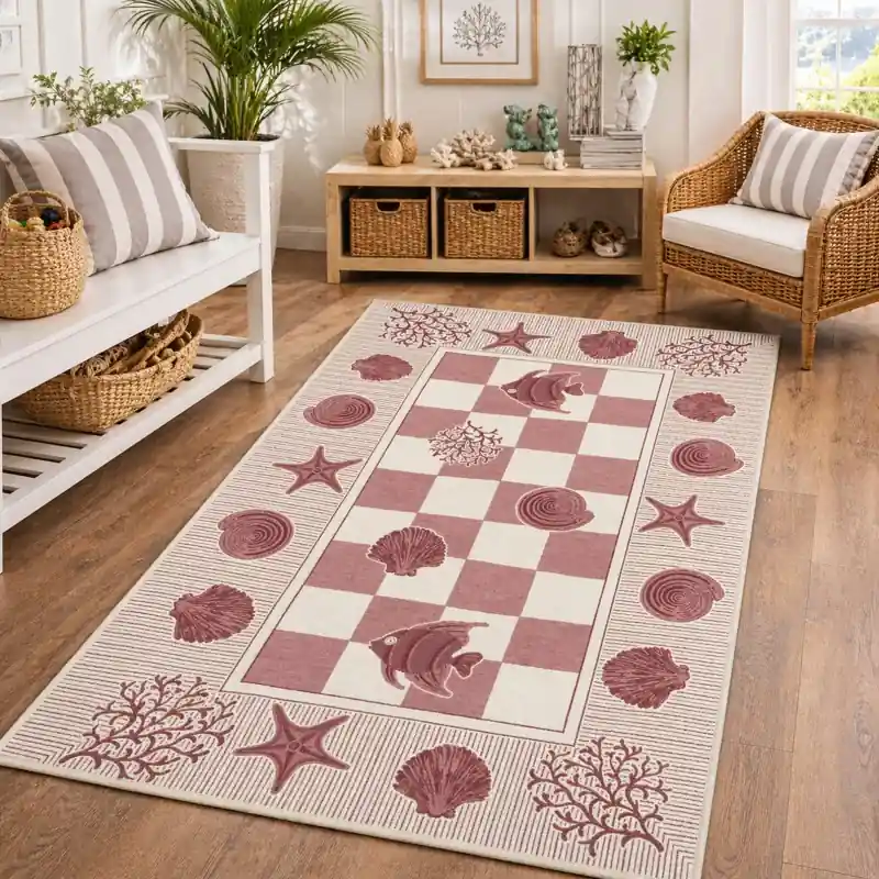 MARINE - Tappeto Salotto Passatoia Moderno Ciniglia Jacquard Scacchiera Conchiglie - Lavabile ed Antiscivolo - Rosso