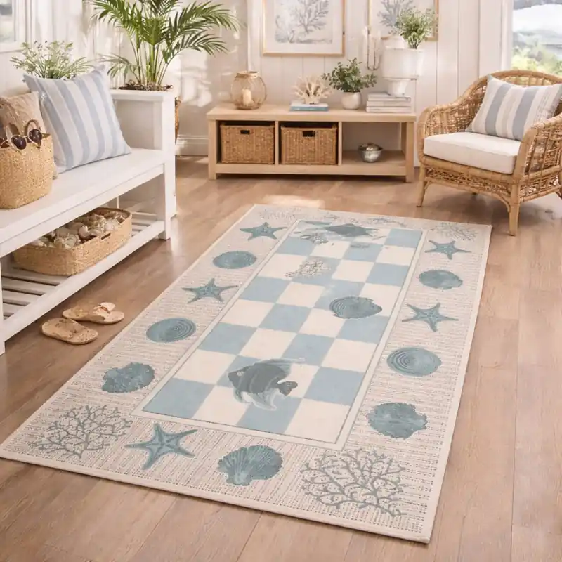 MARINE - Tappeto Salotto Passatoia Moderno Ciniglia Jacquard Scacchiera Conchiglie - Lavabile ed Antiscivolo - Verde Acqua