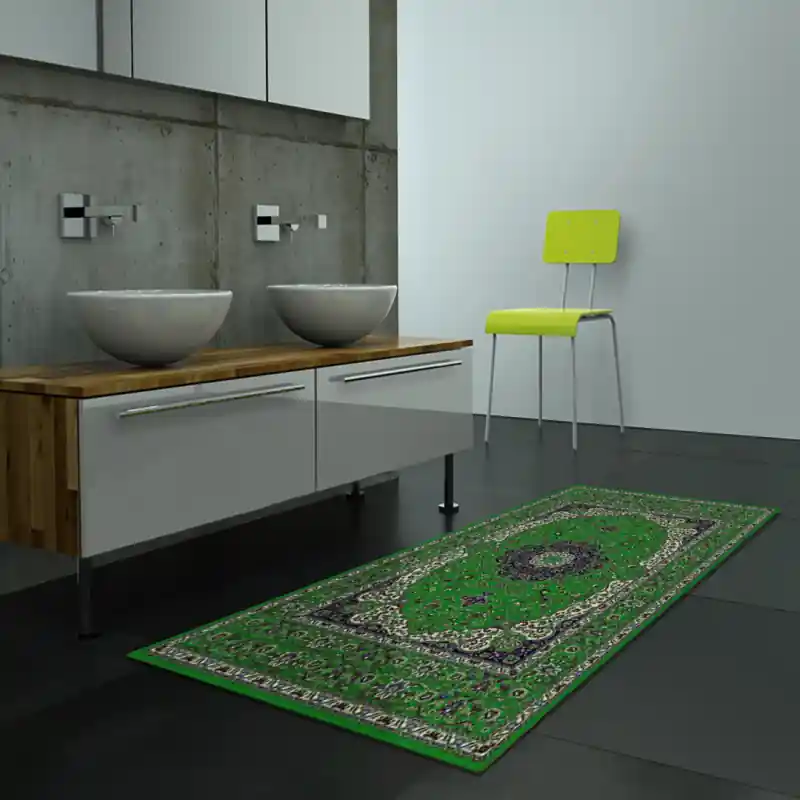 Tappeto Passatoia Salotto Cucina Bagno Lavabile Stile Persiano Keshan Verde Blu Bianco - K0012