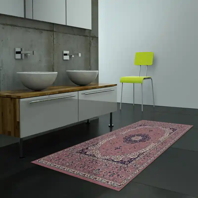 Tappeto Passatoia Salotto Cucina Bagno Lavabile Stile Persiano Keshan Rosa Antico Blu Bianco - K0010