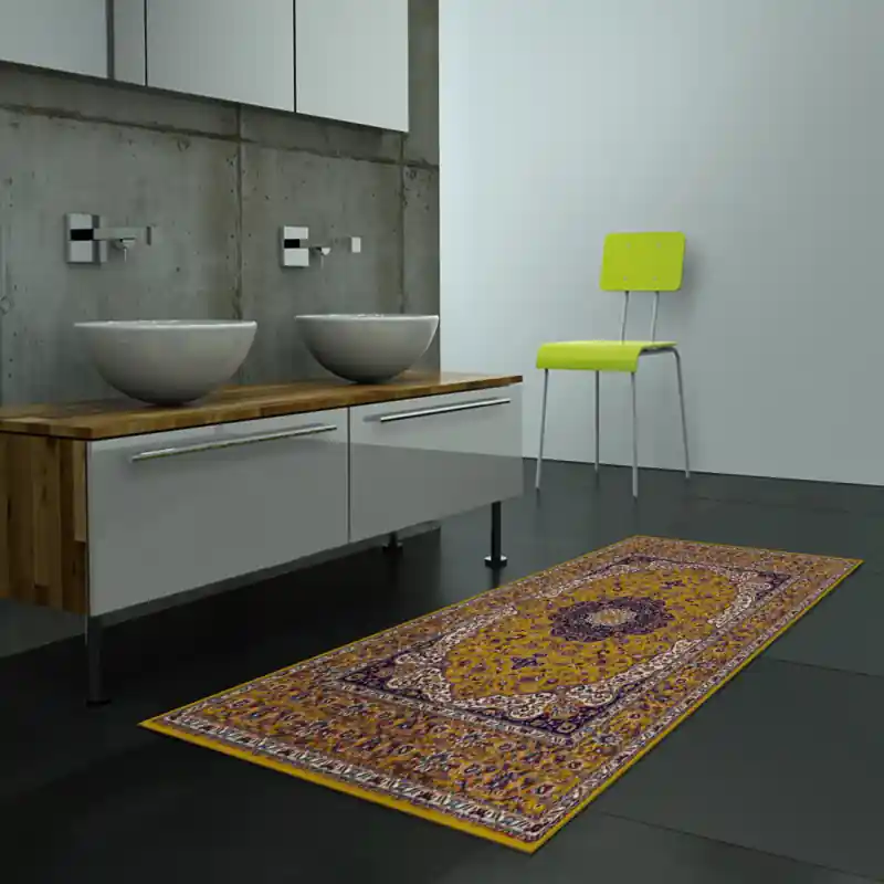 Tappeto Passatoia Salotto Cucina Bagno Lavabile Stile Persiano Keshan Giallo Blu Bianco - K0005